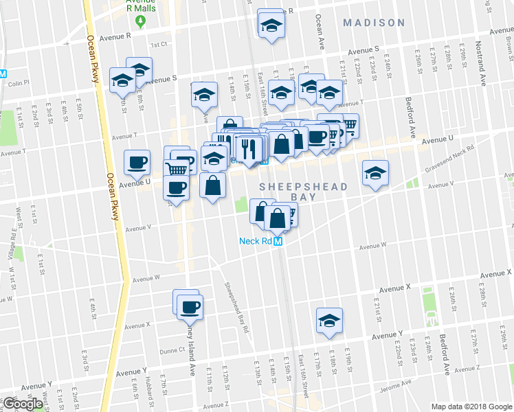 map of restaurants, bars, coffee shops, grocery stores, and more near 1411 Avenue V in Brooklyn