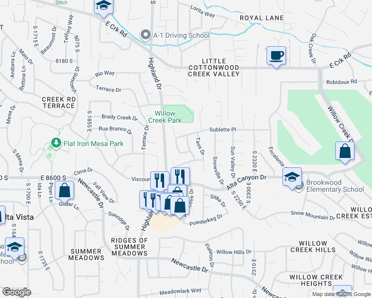 map of restaurants, bars, coffee shops, grocery stores, and more near 2131 Gad Way in Sandy