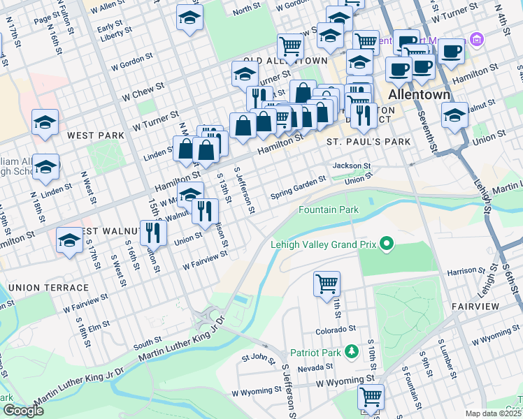 map of restaurants, bars, coffee shops, grocery stores, and more near 1213 Union Street in Allentown