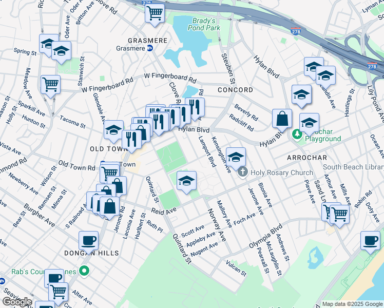 map of restaurants, bars, coffee shops, grocery stores, and more near 34 Mallory Avenue in Staten Island