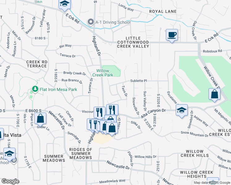 map of restaurants, bars, coffee shops, grocery stores, and more near 2131 Gad Way in Sandy