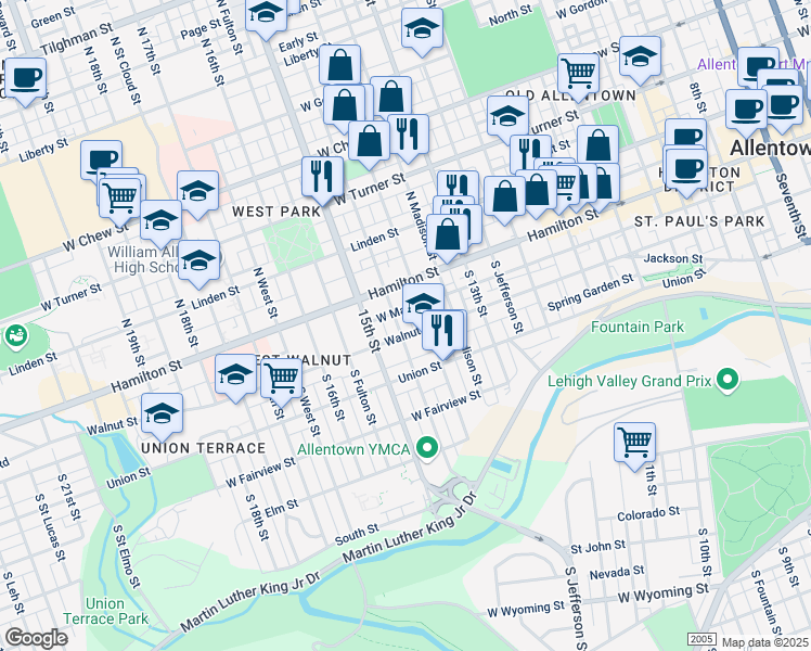 map of restaurants, bars, coffee shops, grocery stores, and more near 26 South 14th Street in Allentown