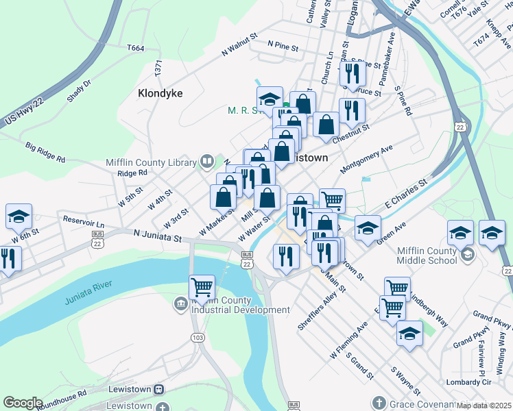 map of restaurants, bars, coffee shops, grocery stores, and more near 6 South Main Street in Lewistown