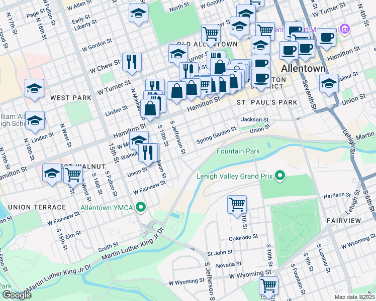 map of restaurants, bars, coffee shops, grocery stores, and more near 1214 Hickory Street in Allentown