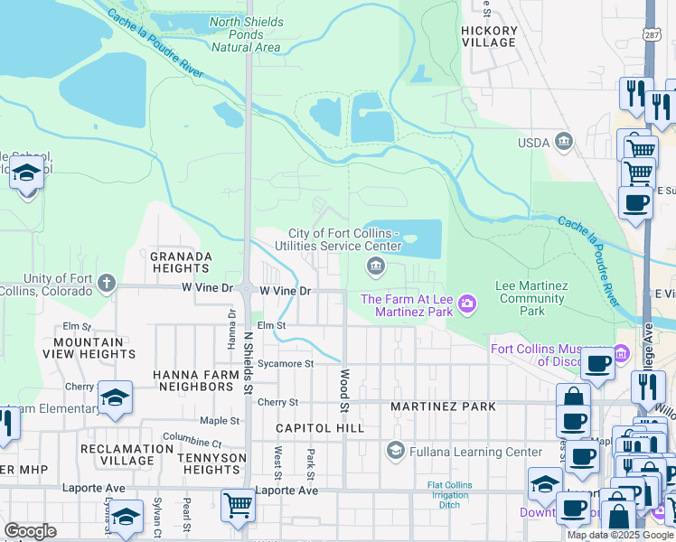 map of restaurants, bars, coffee shops, grocery stores, and more near 701 Wood Street in Fort Collins