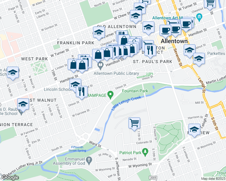 map of restaurants, bars, coffee shops, grocery stores, and more near 1144 Union Street in Allentown