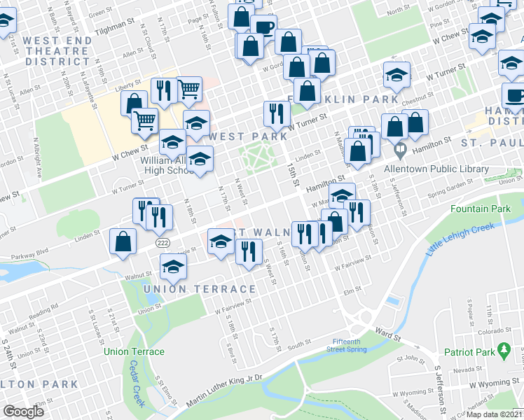 map of restaurants, bars, coffee shops, grocery stores, and more near 10 South 16th Street in Allentown