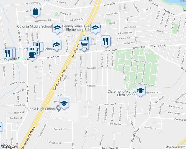 map of restaurants, bars, coffee shops, grocery stores, and more near 69 Broadway Avenue in Woodbridge Township