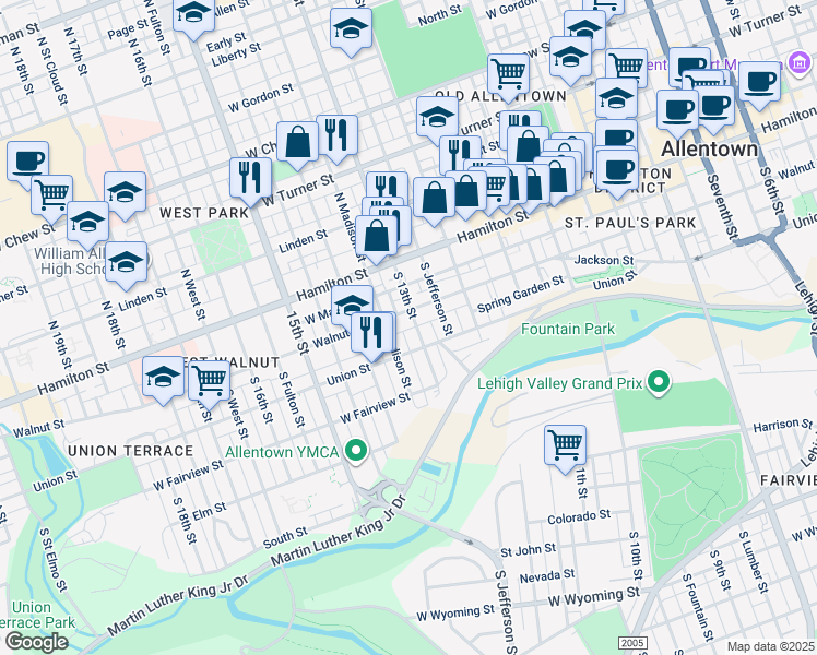 map of restaurants, bars, coffee shops, grocery stores, and more near 1250 Walnut Street in Allentown