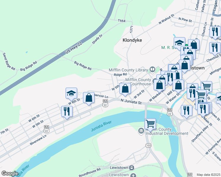 map of restaurants, bars, coffee shops, grocery stores, and more near 317 West 5th Street in Lewistown