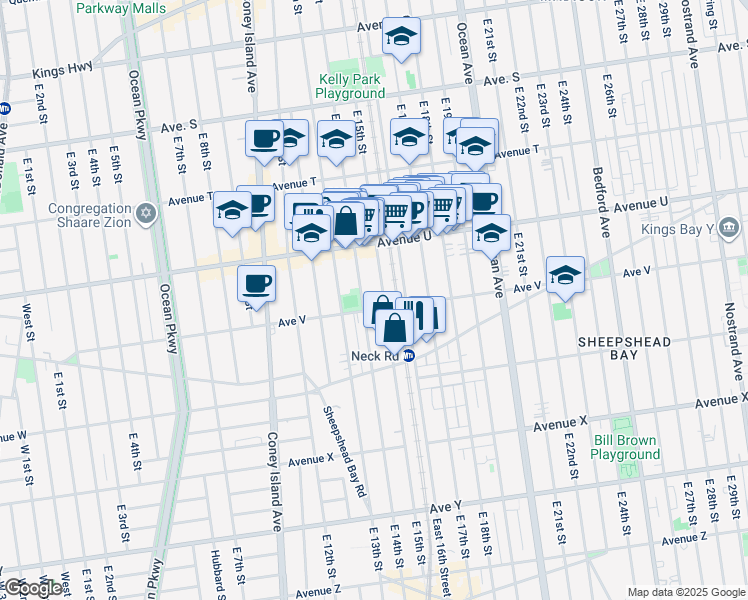 map of restaurants, bars, coffee shops, grocery stores, and more near 1411 Avenue V in Brooklyn