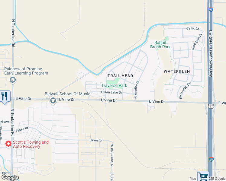 map of restaurants, bars, coffee shops, grocery stores, and more near 3324 Green Lake Drive in Fort Collins