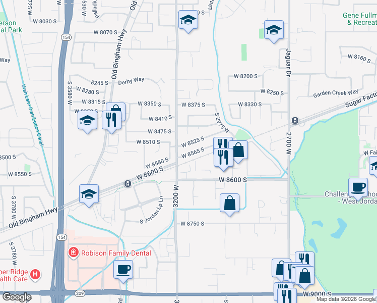 map of restaurants, bars, coffee shops, grocery stores, and more near 3156 West 8565 South in West Jordan