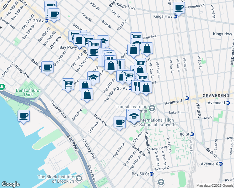 map of restaurants, bars, coffee shops, grocery stores, and more near 8654 25th Avenue in Brooklyn