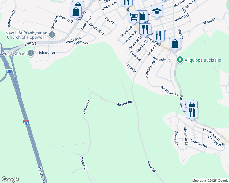 map of restaurants, bars, coffee shops, grocery stores, and more near 2630 Kane Road in Aliquippa