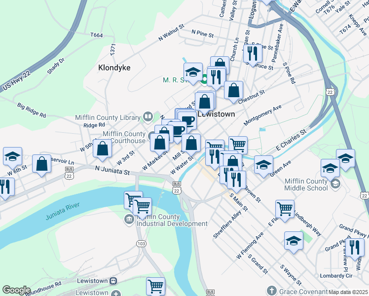 map of restaurants, bars, coffee shops, grocery stores, and more near 6 South Main Street in Lewistown