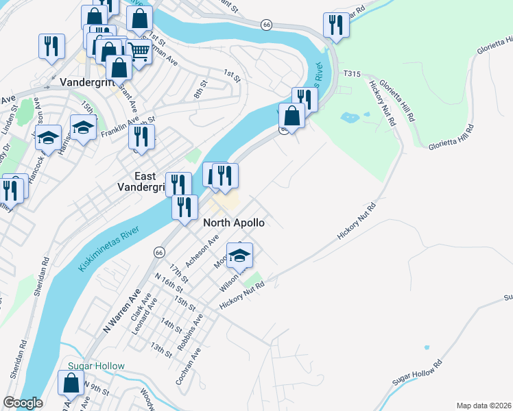 map of restaurants, bars, coffee shops, grocery stores, and more near 2011 Acheson Avenue in Apollo