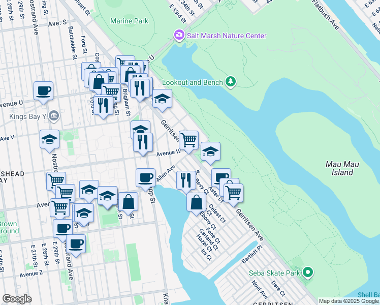 map of restaurants, bars, coffee shops, grocery stores, and more near 92 Allen Avenue in Brooklyn