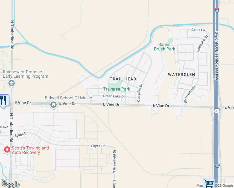 map of restaurants, bars, coffee shops, grocery stores, and more near 775 Greenfields Drive in Fort Collins