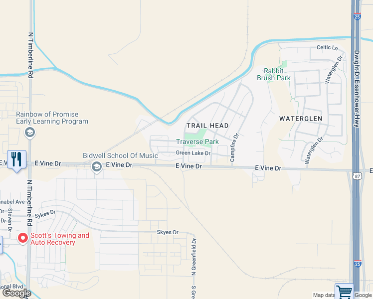 map of restaurants, bars, coffee shops, grocery stores, and more near 3293 Glacier Creek Drive in Fort Collins