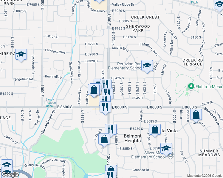 map of restaurants, bars, coffee shops, grocery stores, and more near 8455 South 1330 East in Sandy