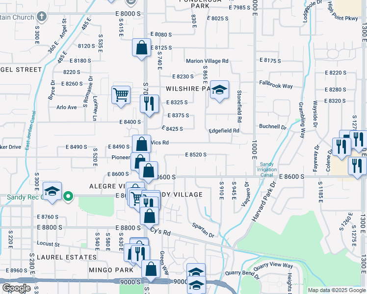 map of restaurants, bars, coffee shops, grocery stores, and more near 841 Vics Road in Sandy