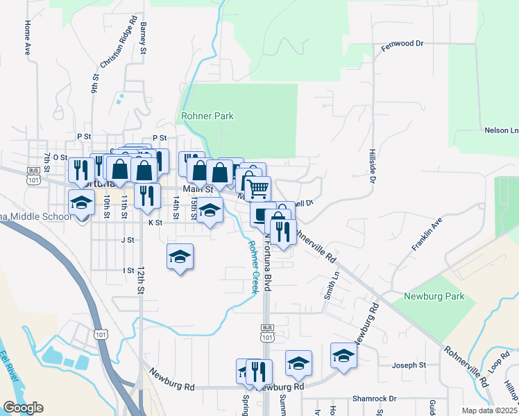 map of restaurants, bars, coffee shops, grocery stores, and more near 906 Park Heights Court in Fortuna
