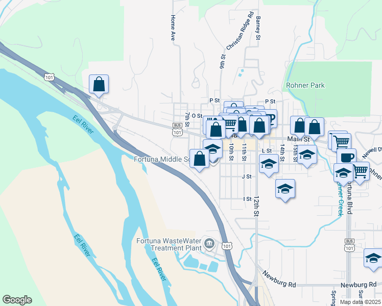 map of restaurants, bars, coffee shops, grocery stores, and more near 620 8th Street in Fortuna