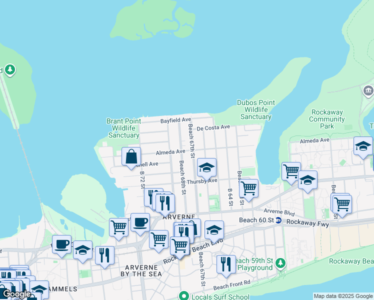 map of restaurants, bars, coffee shops, grocery stores, and more near 6-17 Beach 67th Street in Queens
