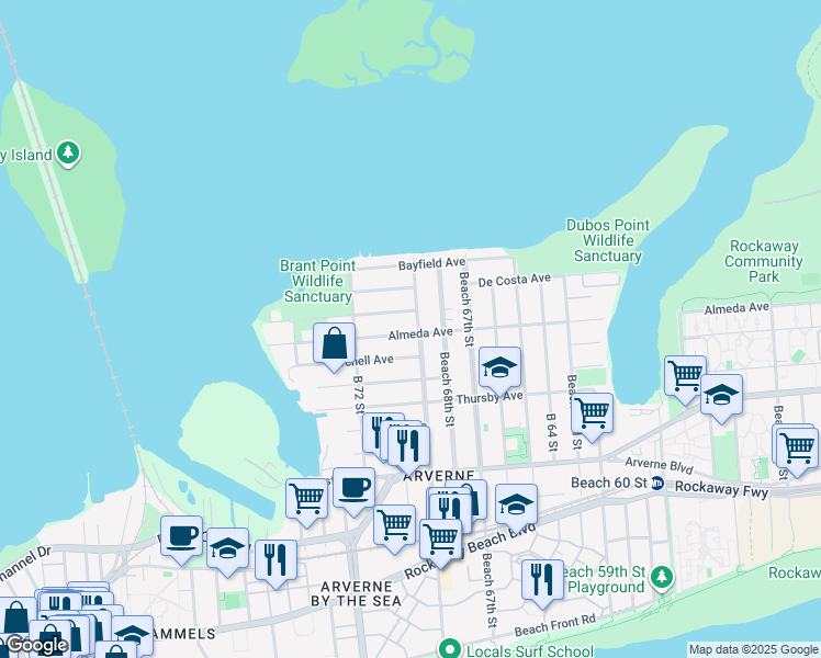 map of restaurants, bars, coffee shops, grocery stores, and more near 616 Beach 69th Street in Queens