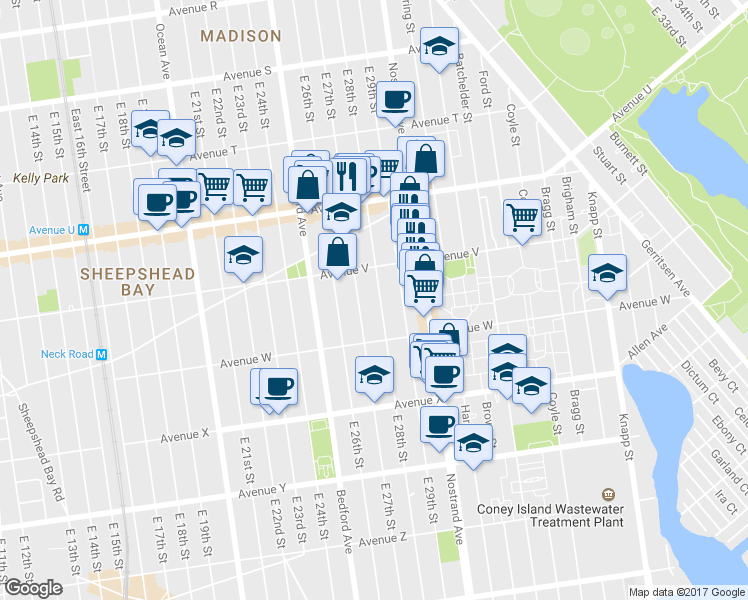 map of restaurants, bars, coffee shops, grocery stores, and more near 2217 East 27th Street in Brooklyn