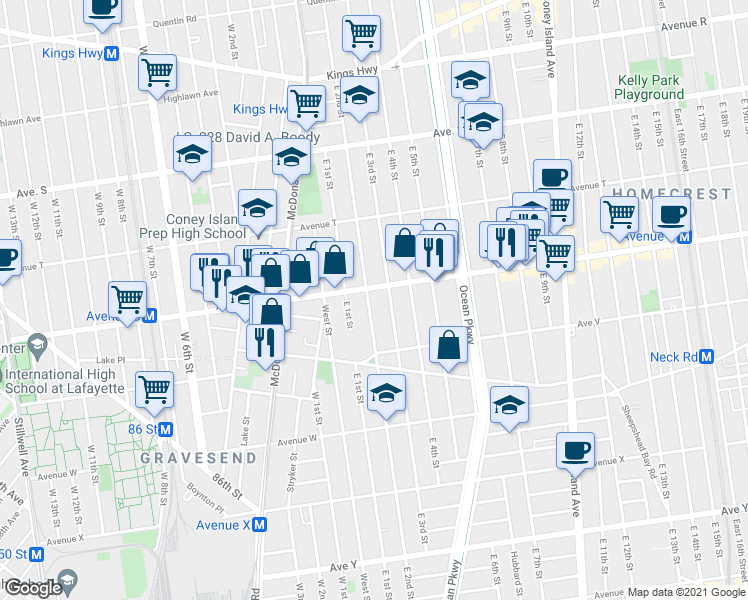 map of restaurants, bars, coffee shops, grocery stores, and more near 401 Avenue U in Brooklyn
