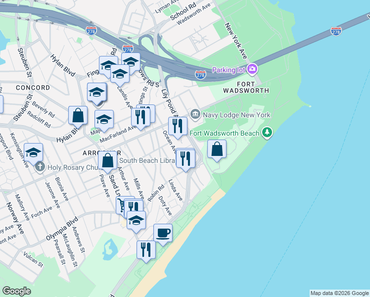 map of restaurants, bars, coffee shops, grocery stores, and more near 238 Lily Pond Avenue in Staten Island
