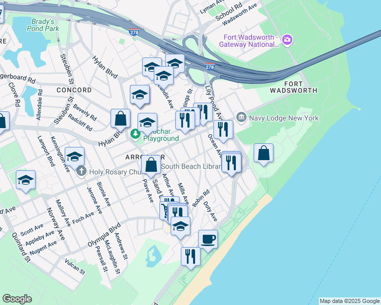 map of restaurants, bars, coffee shops, grocery stores, and more near 9 Jackson Avenue in Staten Island