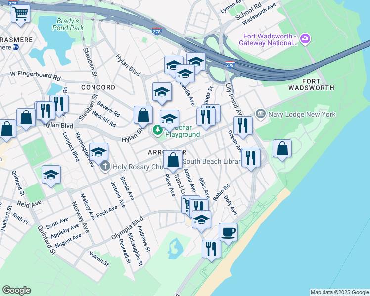 map of restaurants, bars, coffee shops, grocery stores, and more near 187 McClean Avenue in Staten Island
