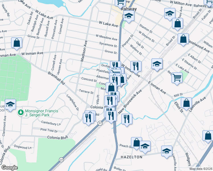 map of restaurants, bars, coffee shops, grocery stores, and more near 230 Albermarle Street in Rahway