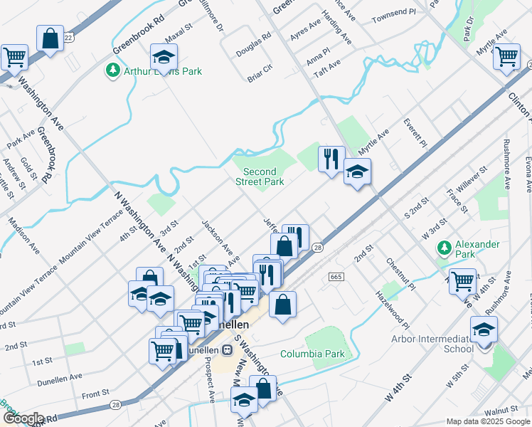 map of restaurants, bars, coffee shops, grocery stores, and more near 1847 1st Street in Dunellen