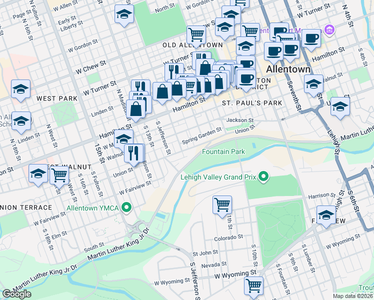 map of restaurants, bars, coffee shops, grocery stores, and more near 1138 Spring Garden Street in Allentown