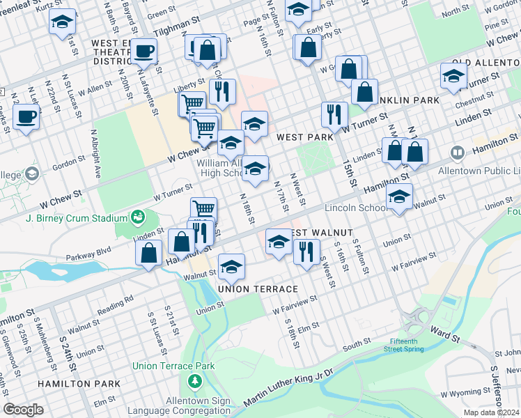 map of restaurants, bars, coffee shops, grocery stores, and more near 26 North 17th Street in Allentown
