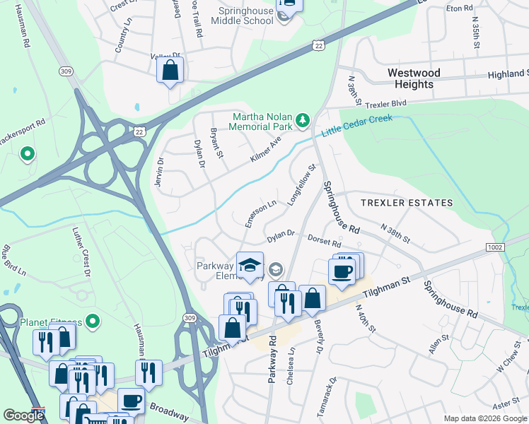 map of restaurants, bars, coffee shops, grocery stores, and more near 958 Little Cedar Court in Allentown