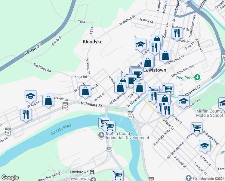 map of restaurants, bars, coffee shops, grocery stores, and more near 122 West 3rd Street in Lewistown