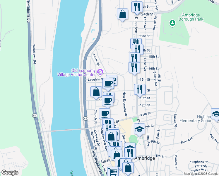 map of restaurants, bars, coffee shops, grocery stores, and more near 1426 Merchant Street in Ambridge