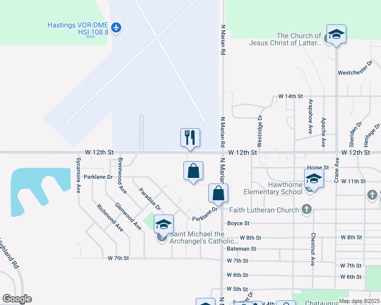 map of restaurants, bars, coffee shops, grocery stores, and more near 3001 West 12th Street in Hastings
