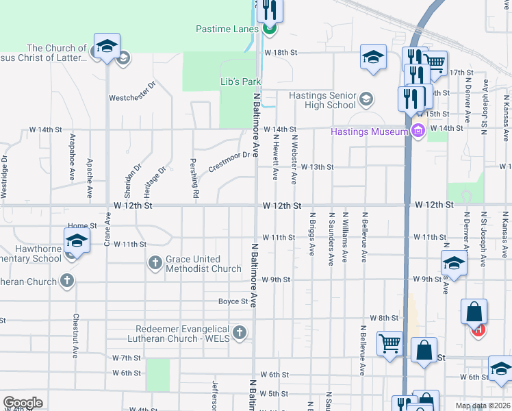 map of restaurants, bars, coffee shops, grocery stores, and more near 1200 North Baltimore Avenue in Hastings