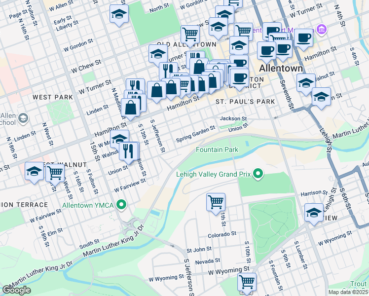 map of restaurants, bars, coffee shops, grocery stores, and more near 1134 Union Street in Allentown