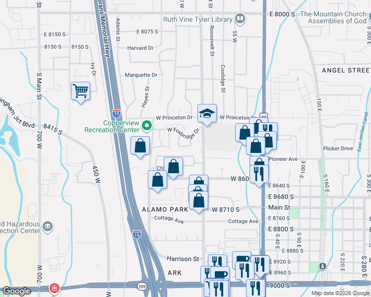 map of restaurants, bars, coffee shops, grocery stores, and more near 201 West 8480 South in Midvale