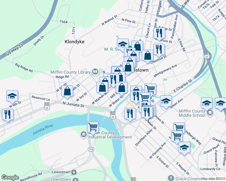 map of restaurants, bars, coffee shops, grocery stores, and more near 16 West Market Street in Lewistown