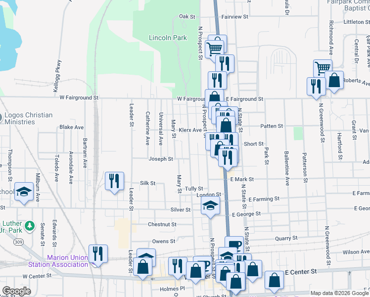 map of restaurants, bars, coffee shops, grocery stores, and more near 535 Oak Street in Marion