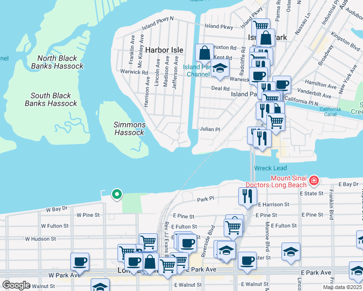 map of restaurants, bars, coffee shops, grocery stores, and more near 7 Washington Place in Island Park
