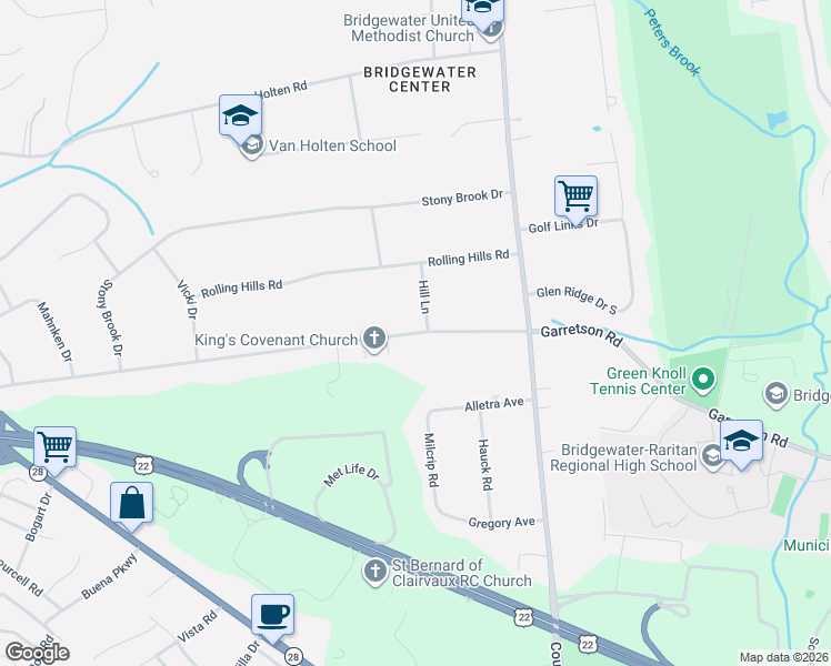 map of restaurants, bars, coffee shops, grocery stores, and more near 521 Hill Lane in Bridgewater Township
